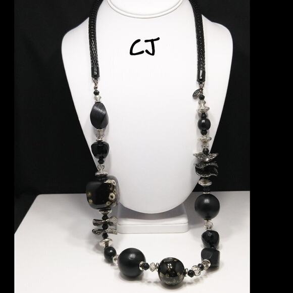 Long Black Art Glass & Wooden Beaded Mesh Necklace, 34 Inches, Signed CJ Banks - Picture 3 of 8
